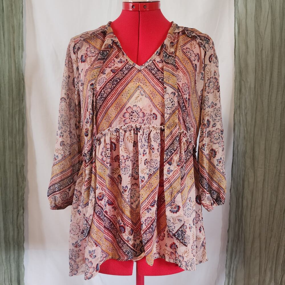 Knox Rose Brown Peasant Boho Blouse over-Size Sheer Size XS-S